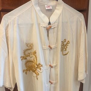 Vintage 100% Silk Dragon Embroidered Bamboo Frog Button Gold Dragon Embroidery
